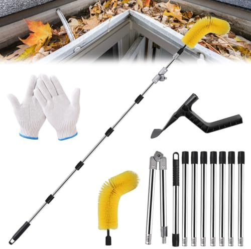 Nettoyeur de Gouttière,Nettoyage Gouttière 4m,Nettoyeur Gouttière Télescopique,avec Tête Pivotante à 180° et Brosse Interchangeable,pour Nettoyer Les Feuilles,la Saleté,Les Gouttières
