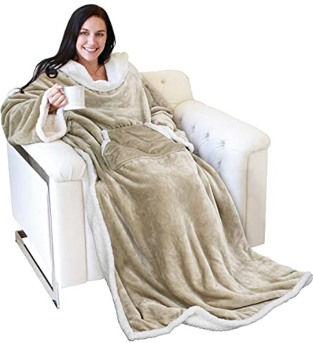 Catalonia Classy Accogliente Coperta con Maniche e Tasche, Coperta TV Double-Face Coperta in Micropile Sherpa Calda, Regalo per Adulti Donne Uomini 185cm x 140cm