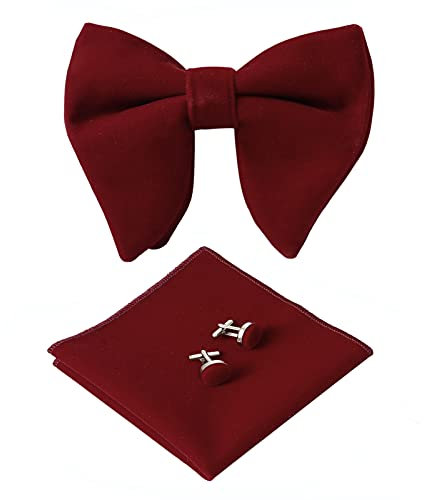 HOULIFE Ensemble nœud papillon pour homme - Nœud papillon réglable en velours pré-noué, pochette de poche unie, boutons de manchette pour marié, mariage formel avec boîte cadeau, rouge bordeaux,
