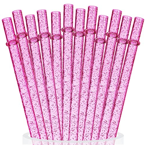 ALINK 12 cannucce riutilizzabili rosa glitterate, lunghe 28 cm, in plastica dura, con spazzola per la pulizia