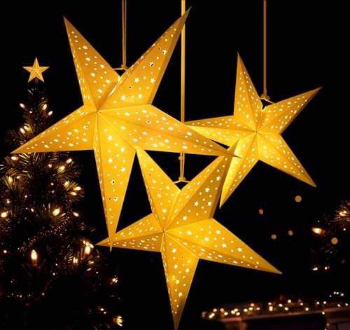 HOUISM Paper Star Lantern Lampshade 50/40/30cm - Christmas Star Lantern with Fairy Lights for Nordic Christmas Bedroom Wedding Party Home Decor