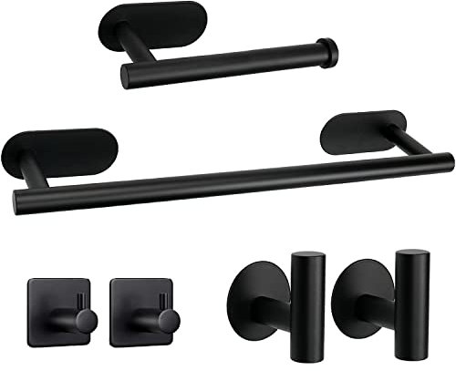 Toallero Baño, XINGLO 6 Piezas Juego de Accesorios de Baño,40cm Toallero Barra Sin Taladro+ Portarrollos para Papel Higiénico +4 Gancho Adhesivo para Pared,304 Acero Inoxidable/Negro Mate