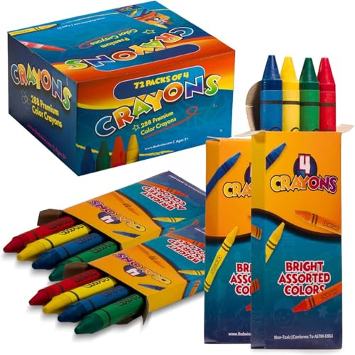 Bedwina Crayones a granel 288 crayones (72 paquetes de 4), colores de primera calidad, no tóxicos, para niños, fiestas, restaurantes, premios, bolsas de regalos y Navidad