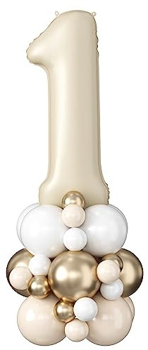 Number 1 Balloon Cream 40 Inch Number 1 Foil Balloon Beige Giant Number One Balloon Tower Stand Large Nude Neutral Digital Balloons Stack for Boys Girls First 1st Birthday Baby Shower Party Decoration