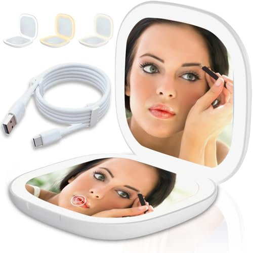 Molbory Mini LED Taschenspiegel, Kosmetikspiegel mit 1×/5× Vergrößerung, Tragbarer Kosmetikspiegel mit Beleuchtung Wiederaufladbar Schminkspiegel Klappbar Reisespiegel für Mädchen, Berührungssensor