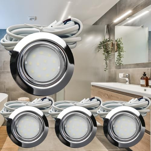 Rolux IP44 Möbel Einbauleuchte Leni 12V flach 4 x 2,4W LED-Einbaustrahler 55mm Lochausschnitt 200lm Chrom inkl. Kabel mit AMP Stecker 4000K Neutralweiß