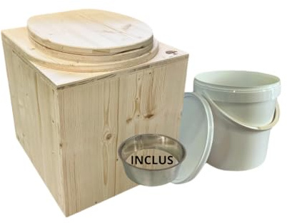 Toilette seche bois livré monté avec bavette INOX et seau plastique 20L - Fabrication Française Artisanale