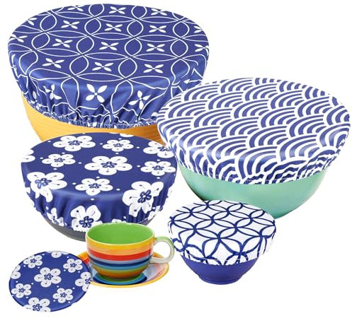 PHOGARY 5 Couvercles de Bol Réutilisables, Couvercles en Tissu Imperméables pour Le Bol à Salade en Verre, Le Pot, Les Melons (Fit 2.7-14 Pouces), la Bordure Élastique (Fleur Bleue)