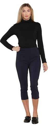 WearAll Cropped Trousers for Women UK Ladies Capri Trouser Summer Pants Short Crop Stretch 3/4 Length Three Quarter Pedal Pusher Clothes Elasticated Bengaline Cut Off Navy Blue 10