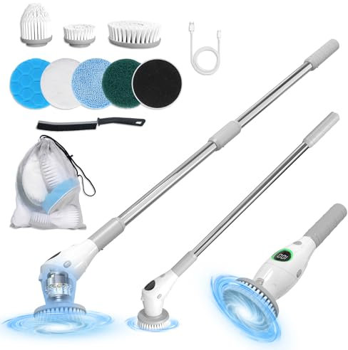 Elektrische Reinigungsbürste, Electric Spin Scrubber Schnurlos mit 8 Austauschbaren Bürstenköpfen, 3 Geschwindigkeit, Verstellbarer Griff, LED Bildschirm Elektrische Bürste für Bad Küche Auto Fliesen