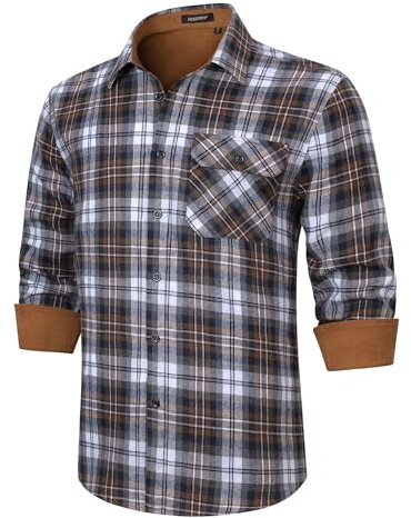 HISDERN Mens Flannel Shirt Long Sleeve Brown Navy Checked Shirts Casual Plaid Button Down Check Shirt Lumberjack Shirts XL