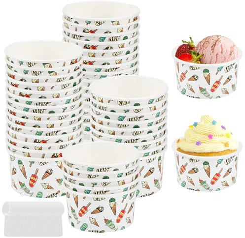 Kleemeiero 50 Stück Eisbecher aus Papier Mit 50 Stück Löffel 125ml Einweg-Kuchenbecher Eisschalen Pappe Pappschalen Dessertbechers für EIS, Dessert, Fingerfood, Joghurt