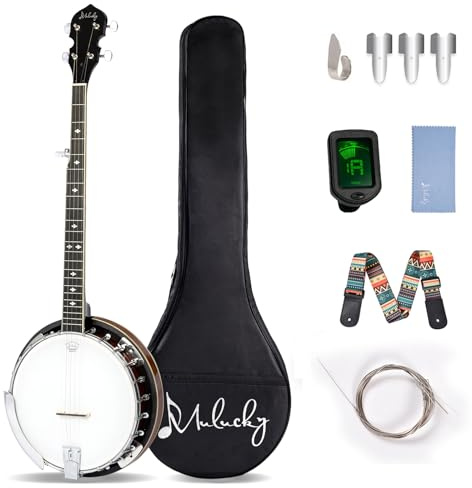 Mulucky 5 String Banjo - Large Size with 24 Brackets, Closed Solid Wood Back, Mahogany Resonator Banjos, Geared 5th Tuner, Package with Beginner Kit - B1103-P