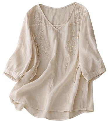 Ybing Blusa de lino para mujer, elegante, con ojal, bordado, parte superior de muselina, blusa holgada, algodón y lino, camiseta fina, camiseta de verano, cuello redondo, jersey básico de manga corta