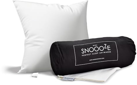 SnooozeGo Mini Travel Pillow, Soft Down Alternative Pillow in Cotton Case, Travel Carry Bag, Lightweight Low-Profile Pillow for Back Sleepers, Compact Travel Essential for Plane, Car, 40x30cm