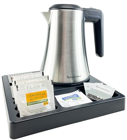 PRESENT-MORE - Kit Plateau en ABS Noir - Contenu: Plateau, Bouilloire Grise - Kit Bouilloire 24x24cm avec Mécanique Intégrée 800-1200W - Idéal pour Hôtels et B&B