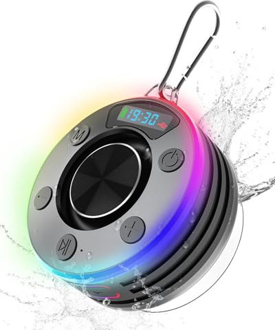 Shower Speaker Bluetooth Waterproof, IPX7, Stereo Bass, 360 Surround Sound Portable Wireless Speaker with RGB Lights & Radio, Mini Bluetooth Shower Speaker for Bathroom, Outdoor, Party, Travel