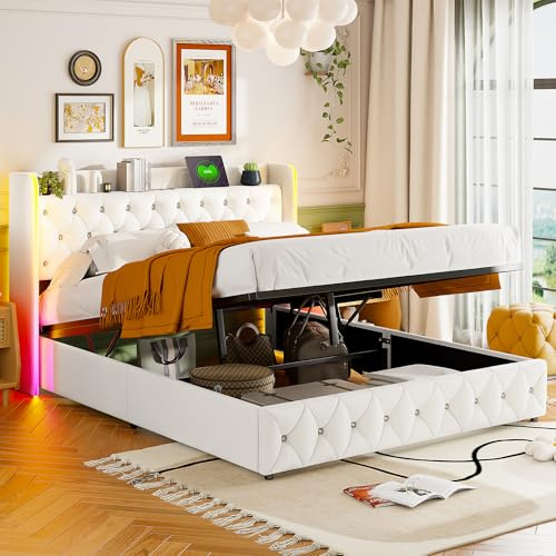 Cama de 160 x 200 cm, con LED y USB, 160 x 200 cm, cama doble con almacenamiento y cabecera, camas capitonadas para 2 personas con somier de láminas para adultos, terciopelo, beige, sin colchón