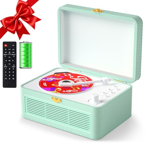 Gueray Lettore CD Pelle Portatile con Altoparlanti 3600mAh Ricaricabile Bluetooth per Arredamento Casa, Regalo Festival Design Valigetta Retro con Telecomando, Supporta USB AUX(Verde)