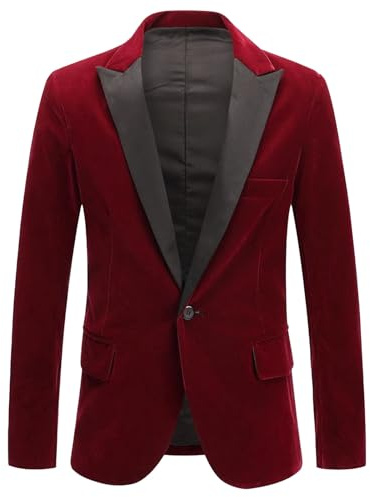Blazer Homme en Velours Coupe Slim, Veste de Costume à Un Bouton, Smoking, Rouge Bordeaux, Taille L