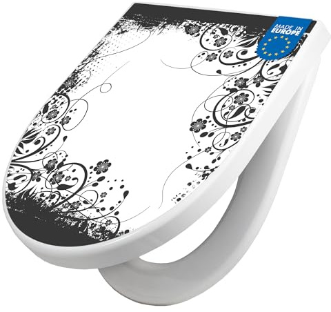 banjado WC Sitz mit Absenkautomatik D Form - Toilettendeckel mit Absenkautomatik D Form - Klodeckel Softclose - stabile Klobrille - Toilettensitz Weiß - Motiv Florales Schwarz-Weiß Muster