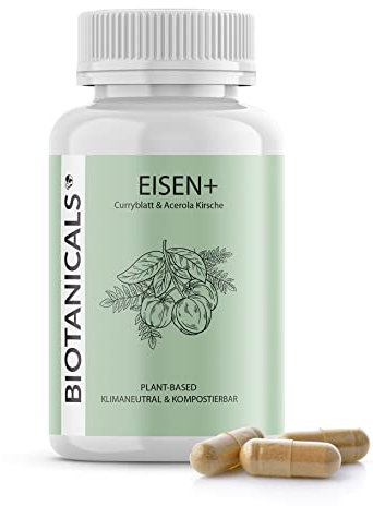 Biotanicals - Eisen Kapseln (120 Stück) - Pflanzliches Eisen hochdosiert, aus Curryblatt und Vitamin C aus Acerola Kirsche - für 4 Monate - CO2 neutral & kompostierbar - vegan