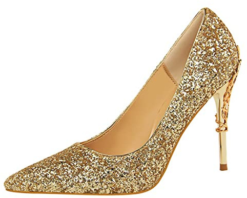 JOEupin Escarpins basiques à paillettes scintillantes à talons hauts sexy pour fête de mariage, doré, 40 EU
