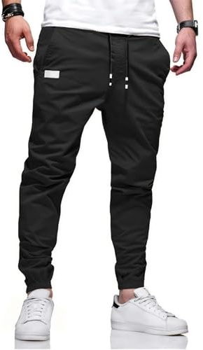 BIBONG Men Drawstring Waist Carrot Cotton Sport Pants Twill Fitness Track Exercise Pants Jogging Pants, Black, Small