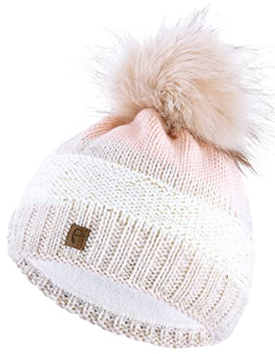 Faera Mütze Damen Wintermütze Pailletten gefüttert mit Fleecefutter Winter Herbst Bommelmütze Beanie Mädchen 74, Farbe:Beige