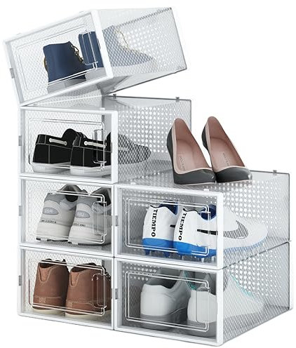 4CONVY Stapelbar Faltbare Schuhkisten - Robuste Schuhaufbewahrungsboxen - Schuhorganizer - Kunststoff transparent Garderoben Schlafzimmer Flur 6 Stück