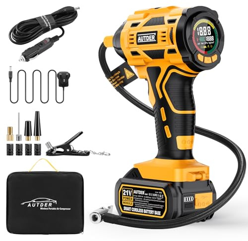 AUTDER Cordless Tyre Inflator, 21V Battery & 12V Car Cable, 180 PSI Portable Air Compressor with Digital Display, Auto Stop for Car, Motorcycle, Bike, Balls, Black Yellow