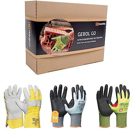 Gebol GO Arbeitshandschuh-Set Hausbau | Größe L (Gr. 9) | Ausrüstung für Bauherren und Renovierer | Geschenk für den Spatenstich | Für Männer | 5 Paar