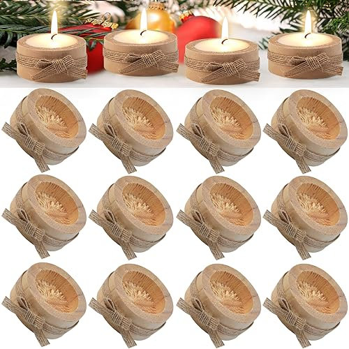 EMAGEREN 12 Pcs Wooden Tea Light Candle Holders Wooden Votive Tealight Holders Tealight Candle Stand Tealight Candlestick Table Centrepieces for Table Wedding Party Home Birthday Holiday Decor
