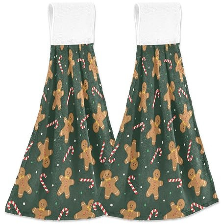 linqin Weihnachten Lebkuchen Handtücher mit Hakenschlaufe 2er Set Badetücher mit Aufhängeschlaufen Waschlappen und Handtücher