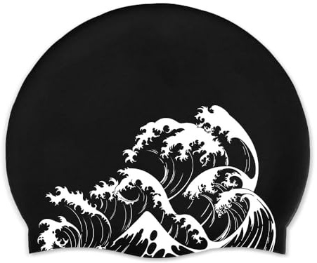 WIRESTER Adult Swim Cap, Durable Silicone Swimming Cap for Men Women, Waterproof Comfortable Swim Hat Bathing Cap for Short Medium Long Hairs - Black (Waves)