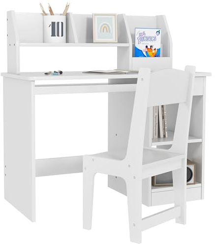 ZONEKIZ Tavolo Scrivania per Bambini con Sedia, Banco Scuola per Bambini da 5 a 8 Anni in Legno con Scaffale e Seggiola, Bianco