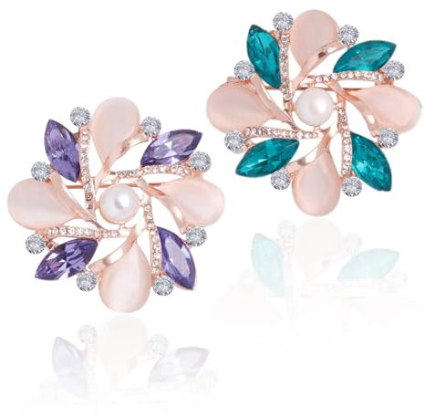 Lot de 2 broches en étamine - En strass - En forme de fleur - Convient pour un usage quotidien, les fêtes, les cadeaux d'anniversaire (45 x 45 mm) (vert et violet), Métal