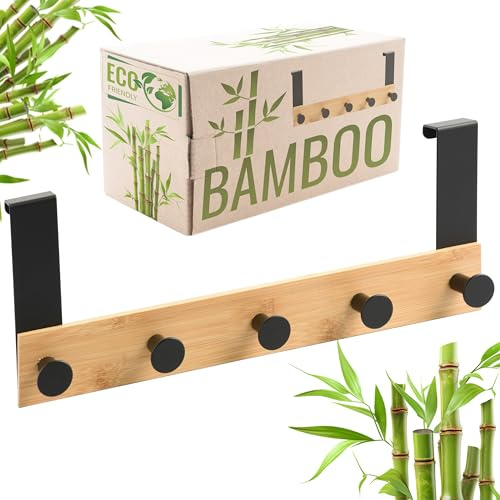 RICOO Appendiabiti da Porta in Bambù e Acciaio Modello MH029N-5, con 5 Ganci Montaggio Facile Senza Forare 32x13x6,6 cm Design Elegante Colore naturale per Casa e Ufficio