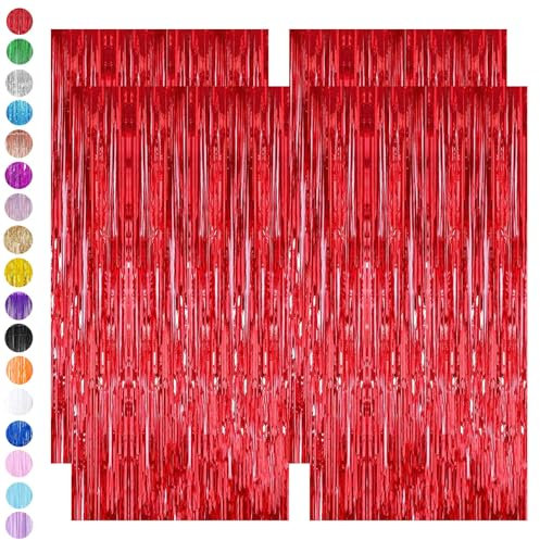 Red Tinsel Curtain Party Backdrop,4pcs 3.2ft x 6.5ft Foil Curtain Christmas Decorations,Red Foil Fringe Streamers Metallic Tinsel Door Hanging Foil Flow Silk Streamers for Christmas Holiday Party