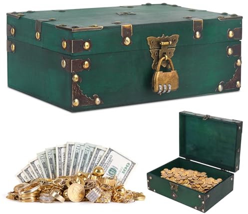 FENGQ Schatzkiste Holz, 24 * 17 * 9.5cm Vintage Holz Schatztruhe Kinder, Aufbewahrung Schatzkist, Holztruhe Piratenkiste, Schatztruhe Kindergeburtstag für Aufbewahrung Dekoration (Grün)