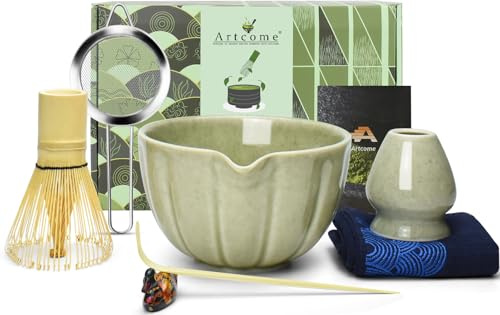 Artcome Juego de 7 piezas de té matcha japonés, cuenco de matcha con boquilla de vertido, batidor de matcha, cuchara de té, soporte para batidor, kit de ceremonia de matcha hecho a mano para ceremonia