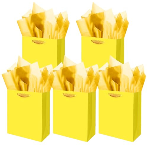 Gcardist Bolsas de regalo de color amarillo claro con papel tissue para bodas, cumpleaños, suministros de fiesta, 20 x 11 x 24 cm, bolsas de regalo de cartón de tamaño mediano (8 x 4,3 x 10 pulgadas