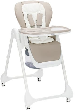 Fillikid Hochstuhl Mio mit waschbarer Auflage | mitwachsender & klappbarer Babyhochstuhl mit Liegefunktion, Tablett und Rollen (Taupe)