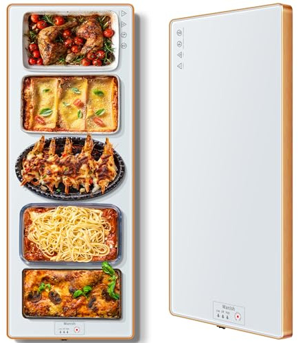 Electric Warming Tray (Extra Long 40x12)，Food Warmers for Parties Buffet with Thermostat & Full Surface Heating, Tempered Glass Warming Mat for Food, Temperature Adjustable Food Warming Mat, White