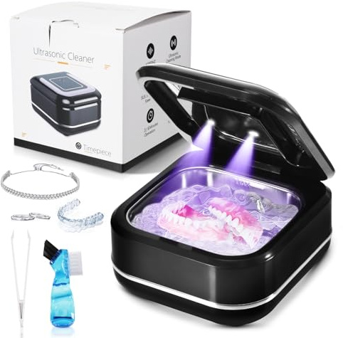 YUFFQOPC Ultrasonic Cleaning Device for Dentures, 42kHz UV Cleaner, 180 ml Cleaning Device, Glasses, 2 Modes 180/360 Seconds for Dentures, Aligners, Retainers, Mouth Guards, Jewellery