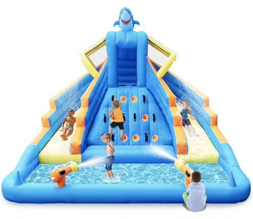 Inflatable Water Slide, 13FT Shark-Themed Large Bounce House with Dual Slides, Climbing Wall, Deep Pool, Water Cannon, 680W Blower, Storage Bag, Backyard Blow Up Water Park for Kids Aged 3–10