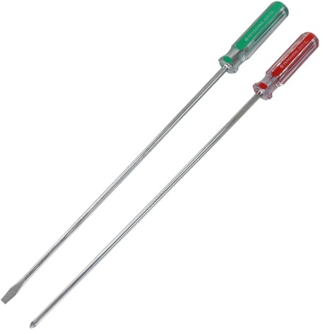 Kyuionty 10 Inch Long #1 Phillips & 5mm Slotted Screwdriver 2-Piece Set, Magnetic Tip Flat Blade Cross-head Screwdrivers (Red, Green)