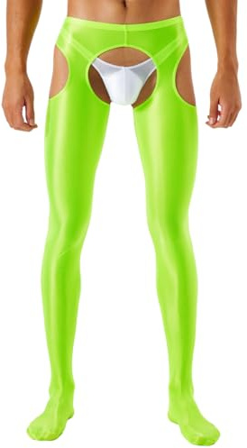 ChiaoLezhee Shiny Leggings For Men, Sheer Underwear Pants, Rave Party Outfits, Gay Lingerie Sissy Clothes Tights Sexy Glow, Neon Green, XX-Large
