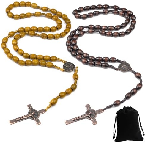 YUBBYSTU 2 Colliers de Chapelet en Bois Colliers de Chaîne de Rosaire Catholiques, 2 Sacs en Velours de Perles de Prière avec Pendentif de Religieux pour Homme Femme Communion Baptême