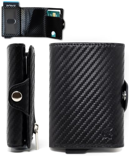 POWR Men's Black Carbon Fibre Minimalist RFID Blocking Wallet with Coin Compartment, Holds 8 Cards, Zipper Closure